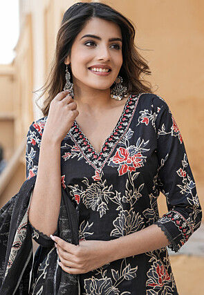 Printed Cotton Punjabi Suit in Black