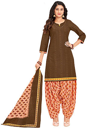 Printed Cotton Punjabi Suit in Brown