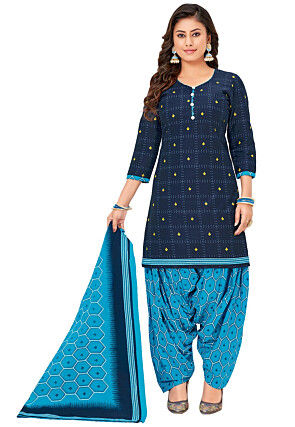 Printed Cotton Punjabi Suit in Dark Blue