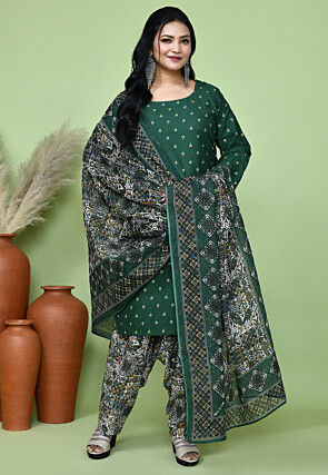 Printed Cotton Punjabi Suit in Dark Teal Green