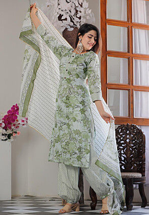 Printed Cotton Punjabi Suit in Green