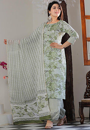 Printed Cotton Punjabi Suit in Green