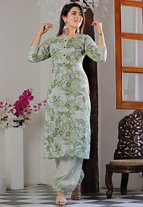 Printed Cotton Punjabi Suit in Green