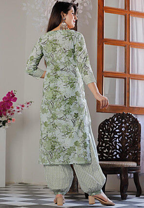 Printed Cotton Punjabi Suit in Green