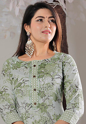 Printed Cotton Punjabi Suit in Green