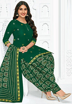 Printed Cotton Punjabi Suit in Green