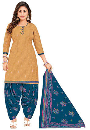 Printed Cotton Punjabi Suit in Light Brown