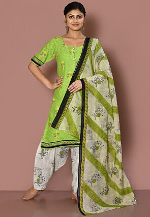 Printed Cotton Punjabi Suit in Light Green