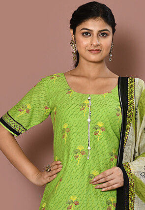 Printed Cotton Punjabi Suit in Light Green