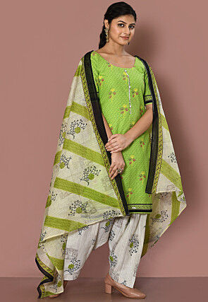 Printed Cotton Punjabi Suit in Light Green