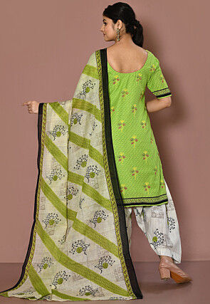 Printed Cotton Punjabi Suit in Light Green