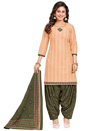 Printed Cotton Punjabi Suit in Light Peach