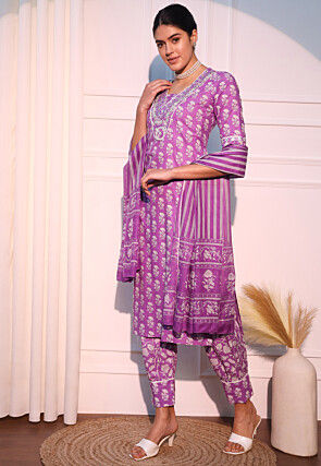 Printed Cotton Punjabi Suit in Light Purple