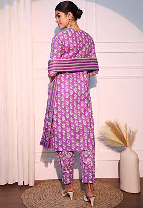 Printed Cotton Punjabi Suit in Light Purple