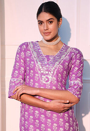 Printed Cotton Punjabi Suit in Light Purple