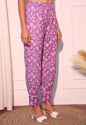 Printed Cotton Punjabi Suit in Light Purple