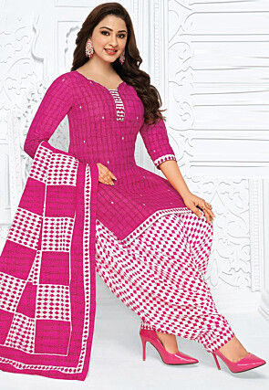 Printed Cotton Punjabi Suit in Magenta
