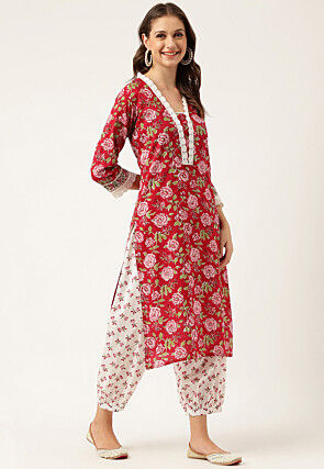 Printed Cotton Punjabi Suit in Maroon