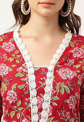 Printed Cotton Punjabi Suit in Maroon