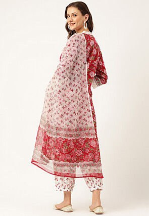 Printed Cotton Punjabi Suit in Maroon