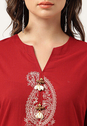 Printed Cotton Punjabi Suit in Maroon