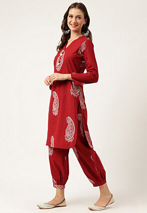 Printed Cotton Punjabi Suit in Maroon