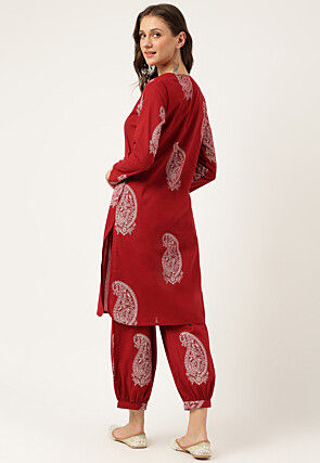 Printed Cotton Punjabi Suit in Maroon