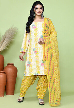 Printed Cotton Punjabi Suit in Off White and Yellow