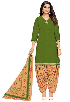 Printed Cotton Punjabi Suit in Olive Green