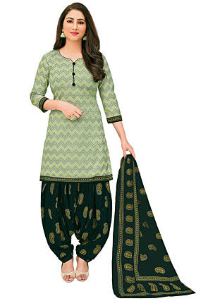 Printed Cotton Punjabi Suit in Pastel Green