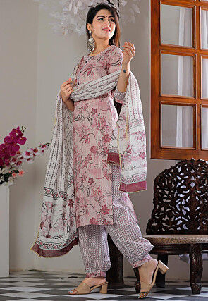 Printed Cotton Punjabi Suit in Pink