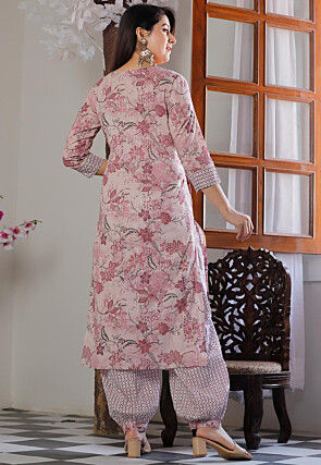 Printed Cotton Punjabi Suit in Pink