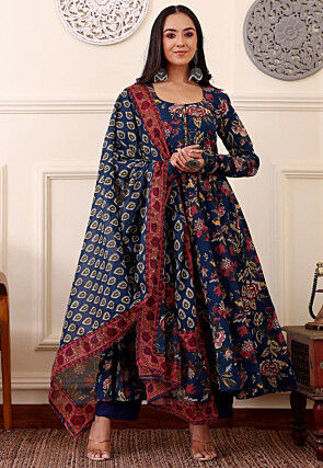Printed Cotton Rayon A Line Suit in Navy Blue