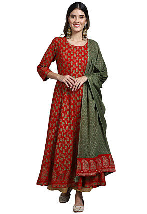 Printed Cotton Rayon Anarkali Suit in Red