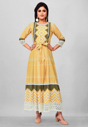 Printed Cotton Rayon Maxi Dress in Light Mustard