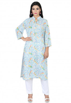 Printed Cotton Rayon Straight Kurta Set in White and Multicolor