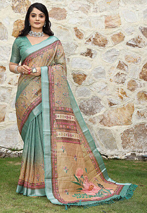 Printed Cotton Saree in Beige and Green