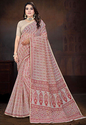 Printed Cotton Saree in Beige