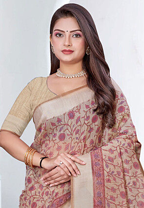 Printed Cotton Saree in Beige