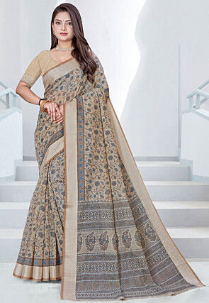 Printed Cotton Saree in Beige