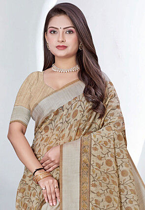 Printed Cotton Saree in Beige