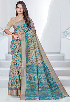 Printed Cotton Saree in Beige