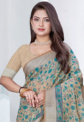 Printed Cotton Saree in Beige