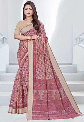 Printed Cotton Saree in Beige