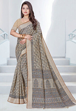 Printed Cotton Saree in Beige