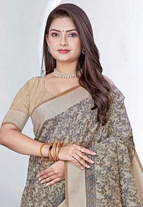 Printed Cotton Saree in Beige