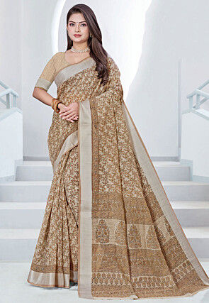 Printed Cotton Saree in Beige