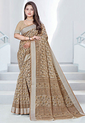 Printed Cotton Saree in Beige