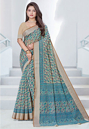 Printed Cotton Saree in Beige
