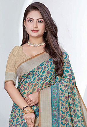 Printed Cotton Saree in Beige
